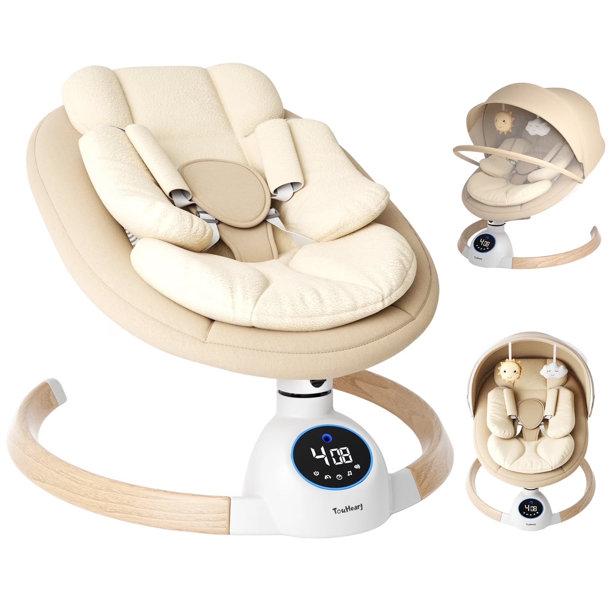 TouHeart Electric Baby Swing, Infant Rocker with Bluetooth & Remote,5 Speeds,10 Lullabies,3 Timing, Khaki