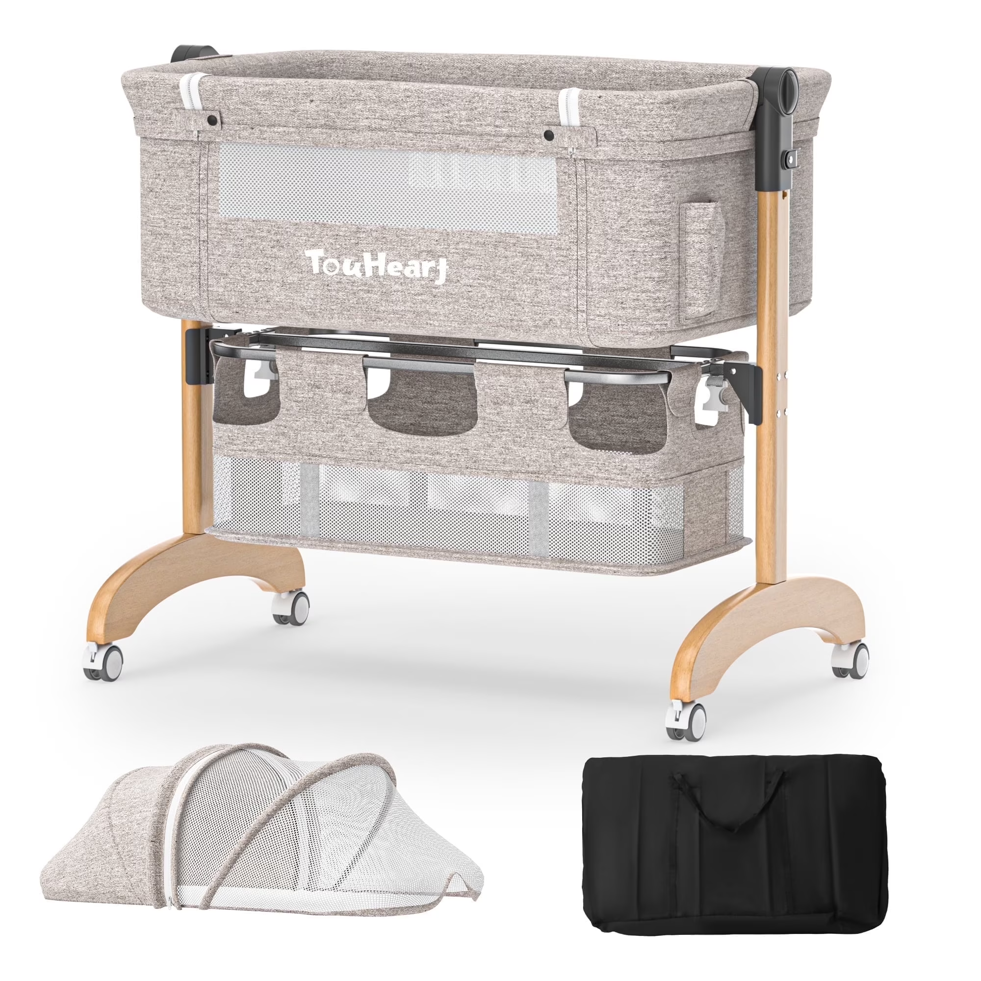 TouHeart Baby Bassinet Bedside Sleeper with Mattress for Newborns 0–6 Months, Portable 3-in-1 Baby Bed, Khaki