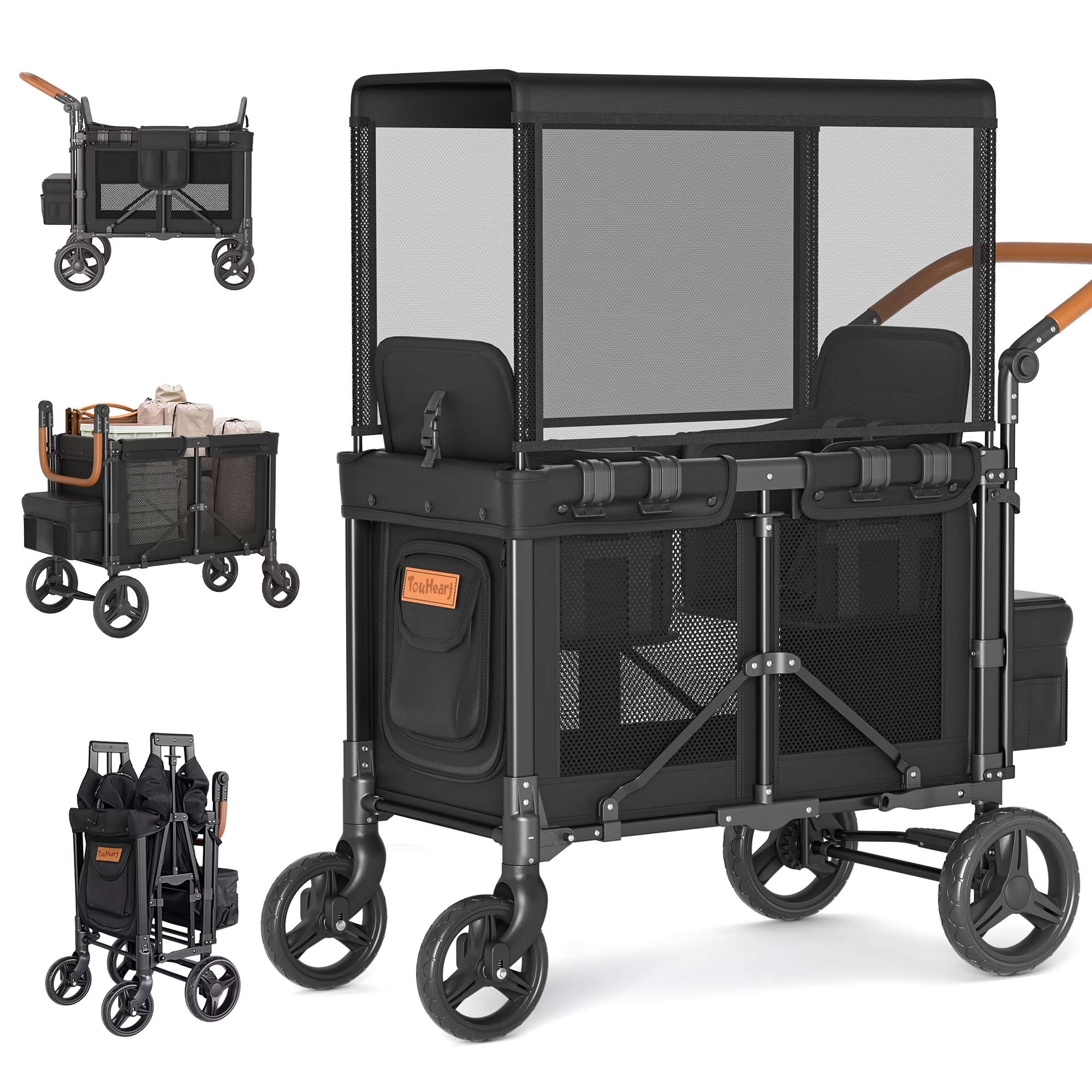 TouHeart Wagon Stroller for 2 Kids, Double Stroller with Canopy, Removable Seats, 5-Point Harness, Black