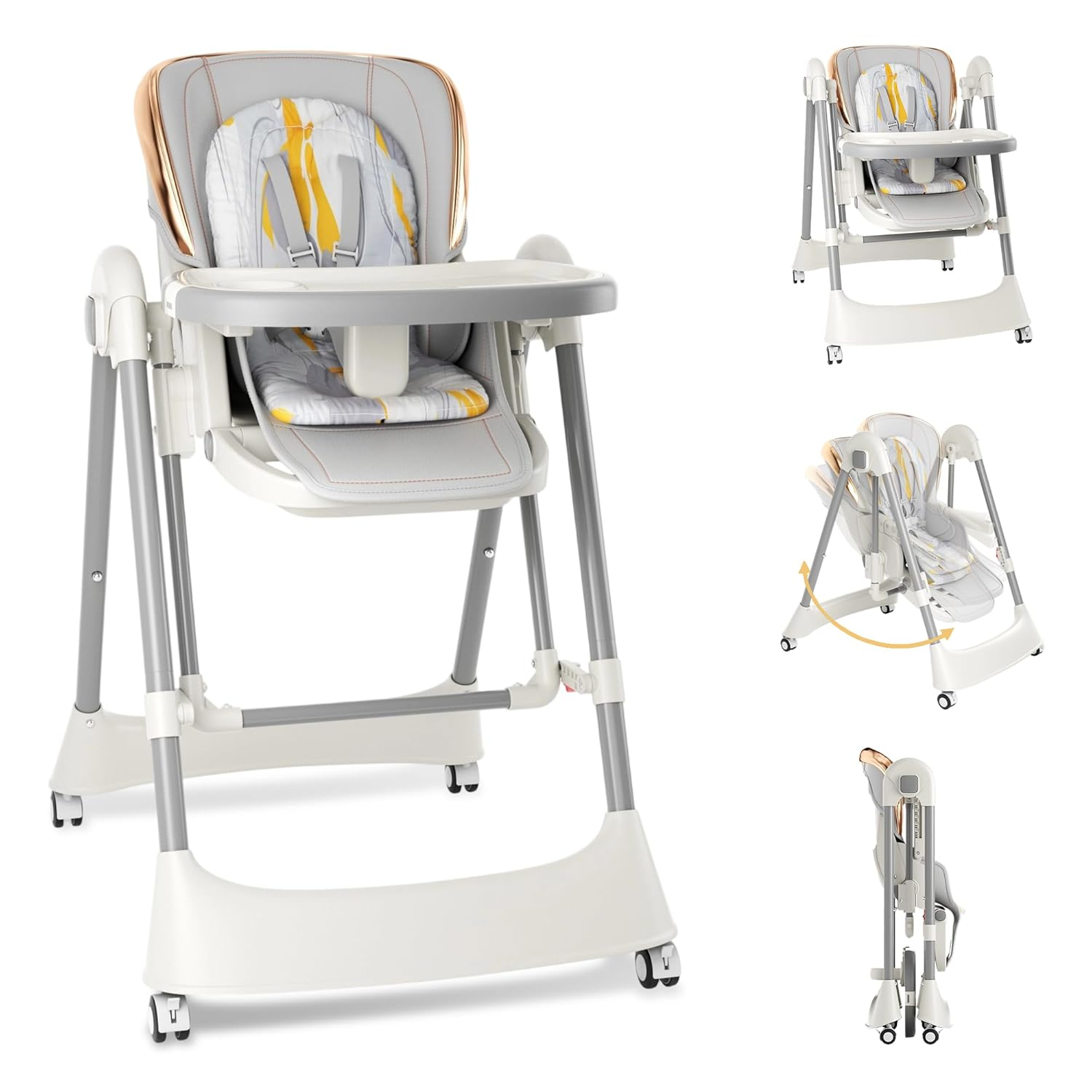 TouHeart Baby High Chair Swing Combo, 3-in-1 Convertible Highchair for Babies and Toddlers with Wheels, Gray