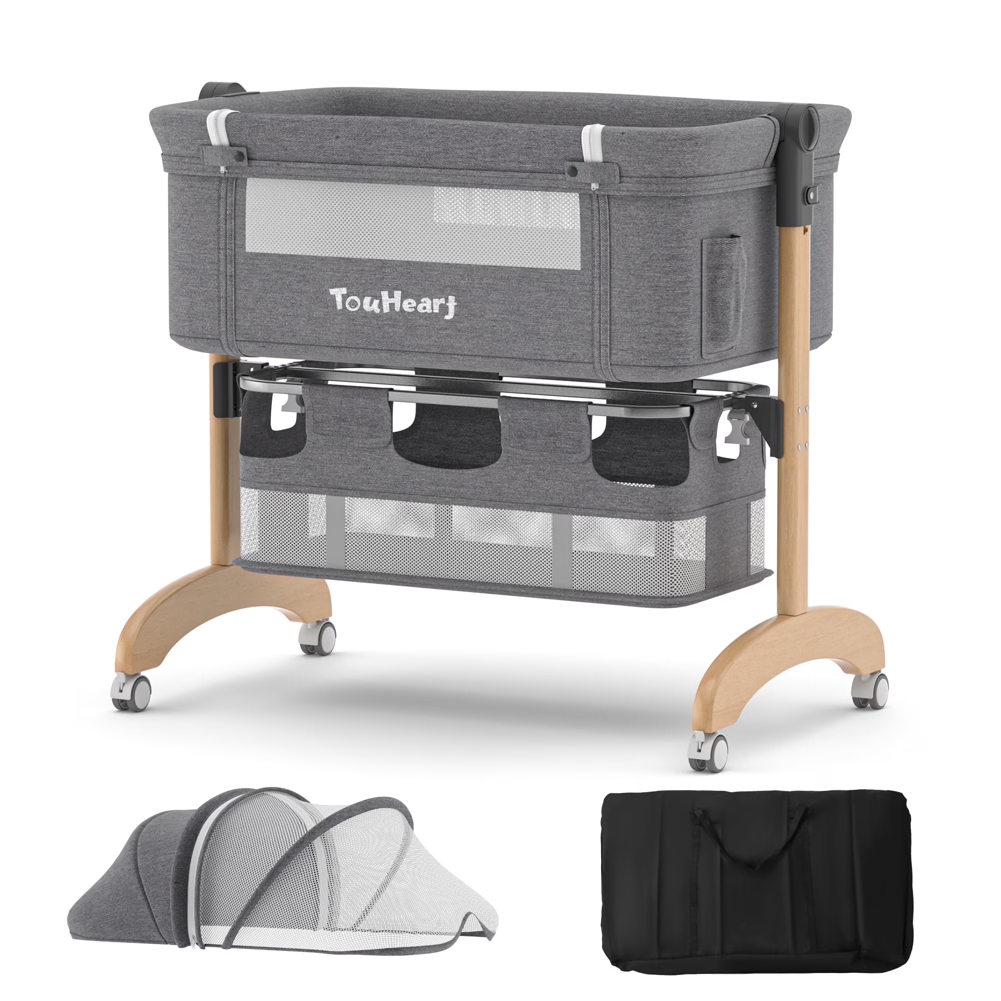 TouHeart Baby Bassinet Bedside Sleeper, 3-in-1 Convertible, for Newborns 0–6 Months, Gray