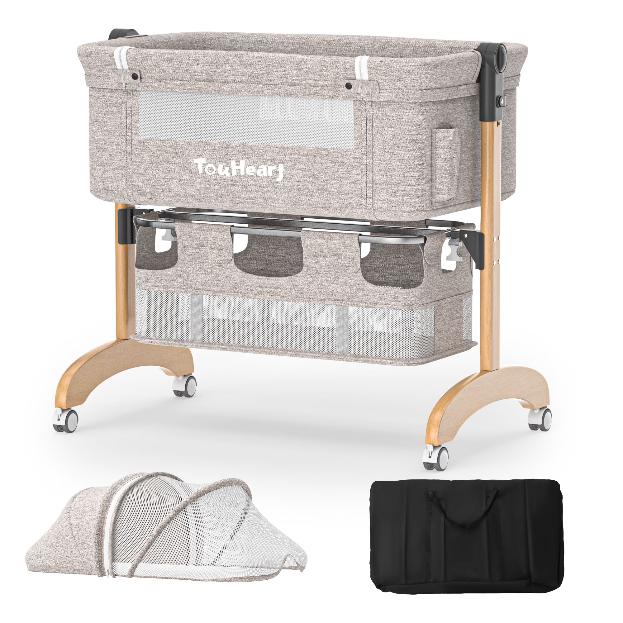 TouHeart Baby Bassinet Bedside Sleeper, 3-in-1 Convertible, for Newborns 0–6 Months, Khaki