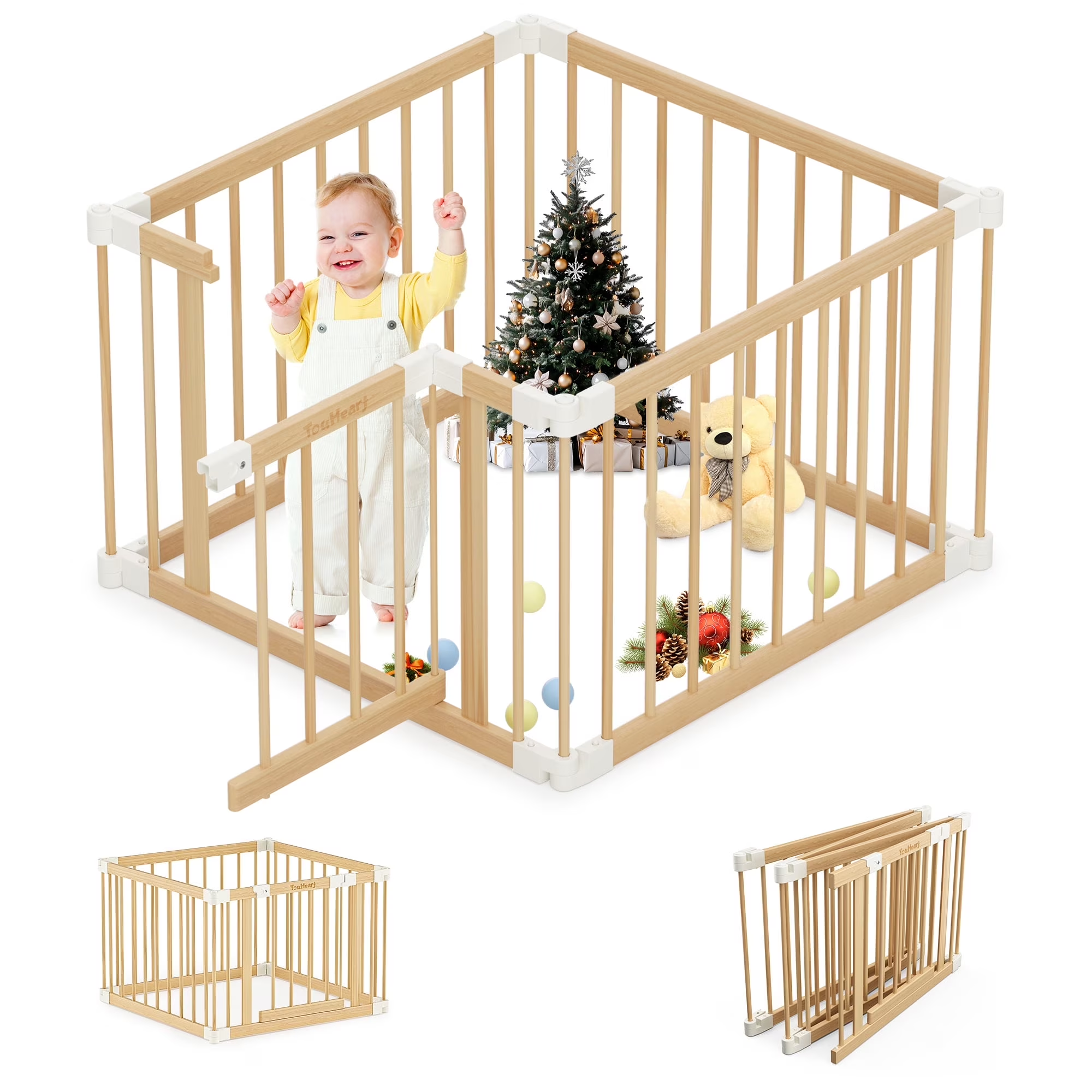 TouHeart Wooden Playpen for Baby & Toddlers, Foldable Large Baby Gate Play Yards, 4 Panels,34.3"x34.3"x24"