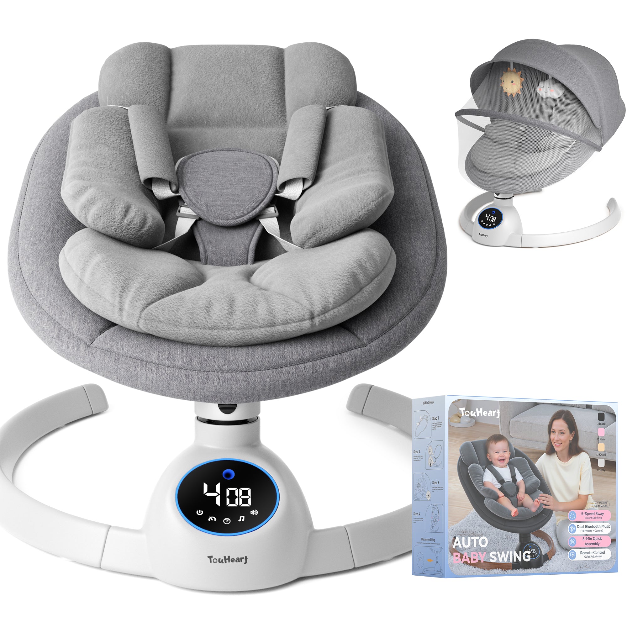 TouHeart Baby Swing, Electric Infant Rocker with Bluetooth & Remote, 5 Speeds, 10 Lullabies, Gray