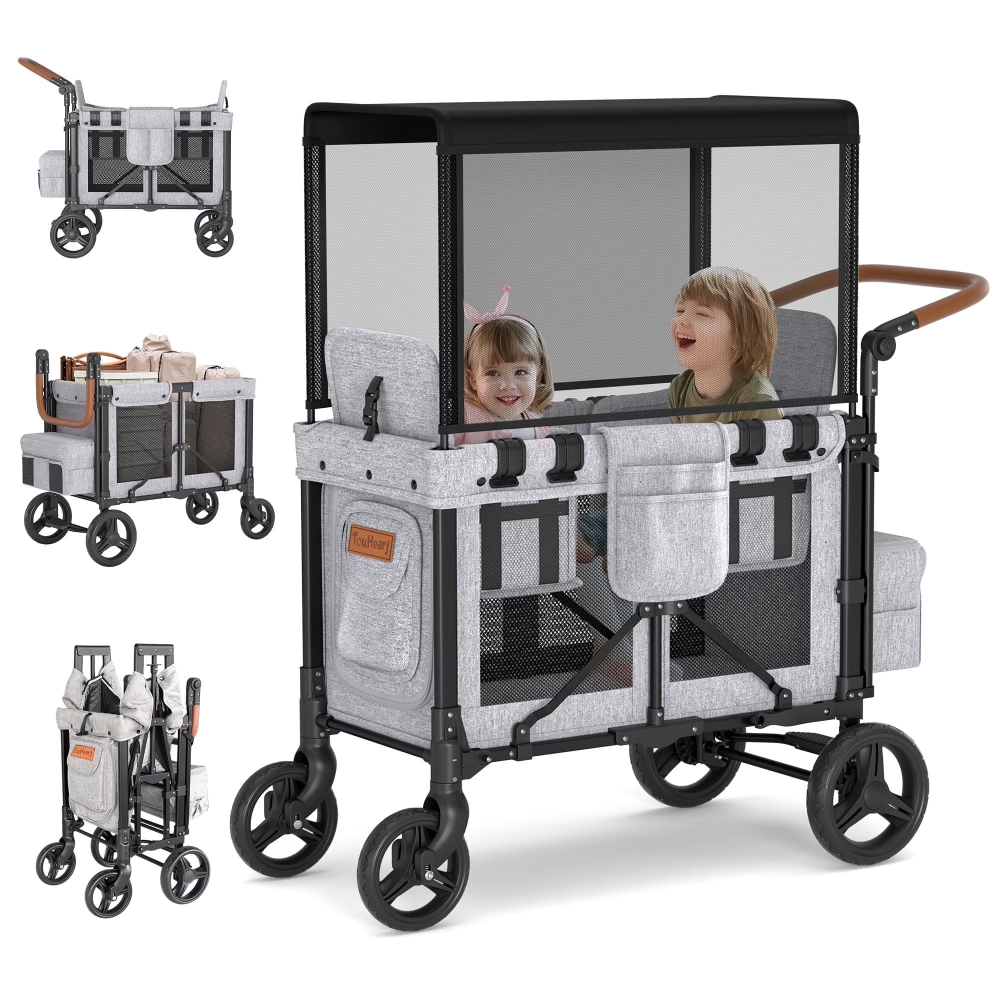 TouHeart 3-In-1 Wagon Stroller for 2 Kids, Foldable Stroller Wagon with Canopy, 5-Point Harness, Removable Reversible Seat, Grey（2026 Upgraded)